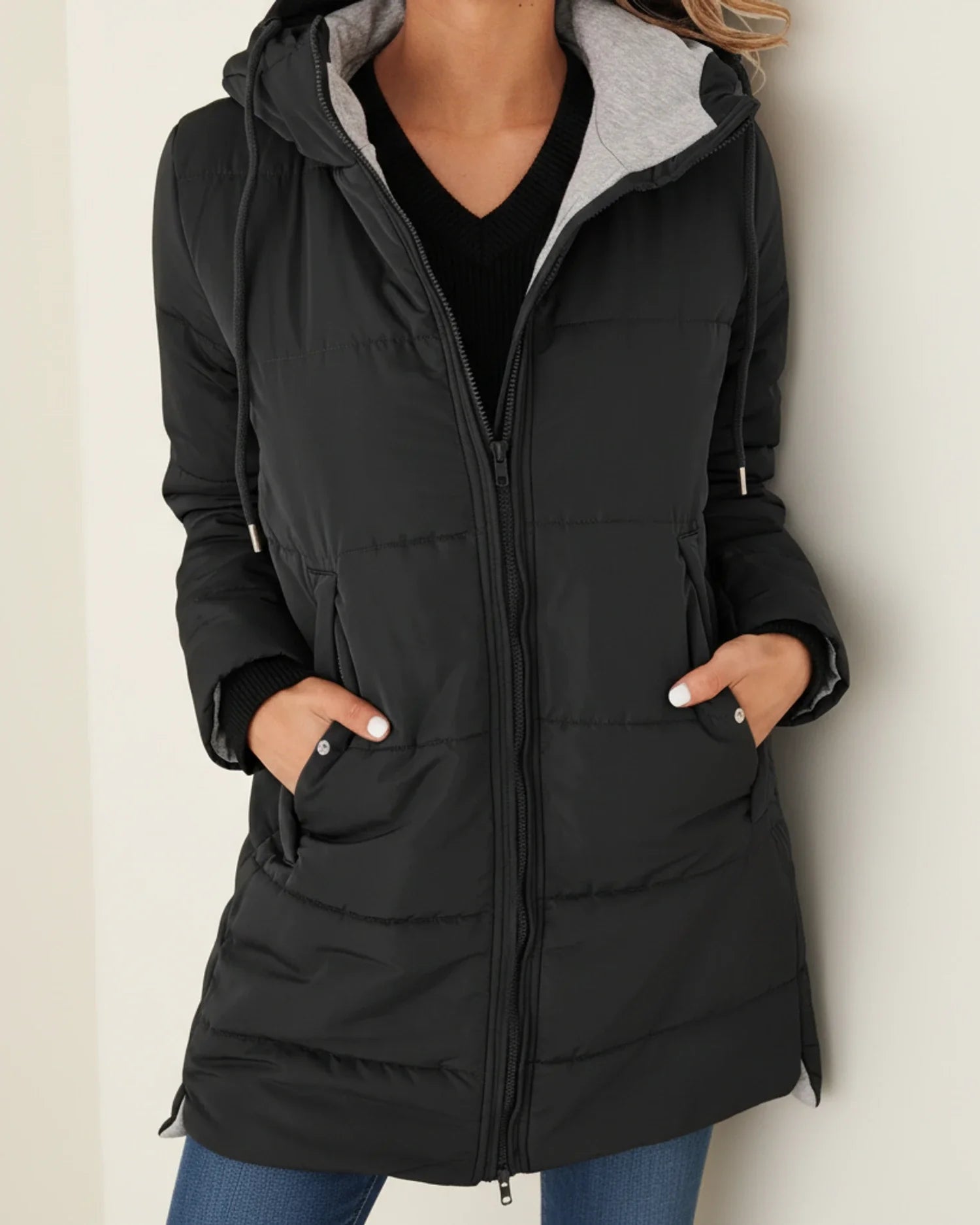 Luvrefashion | Quilted Hooded Long Winter Coat in Army Green - detail view