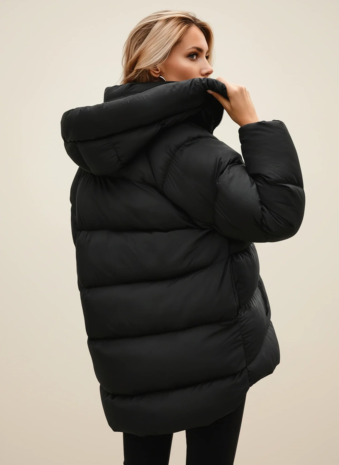 Roomy Winter Puffer Coat in Black - back view