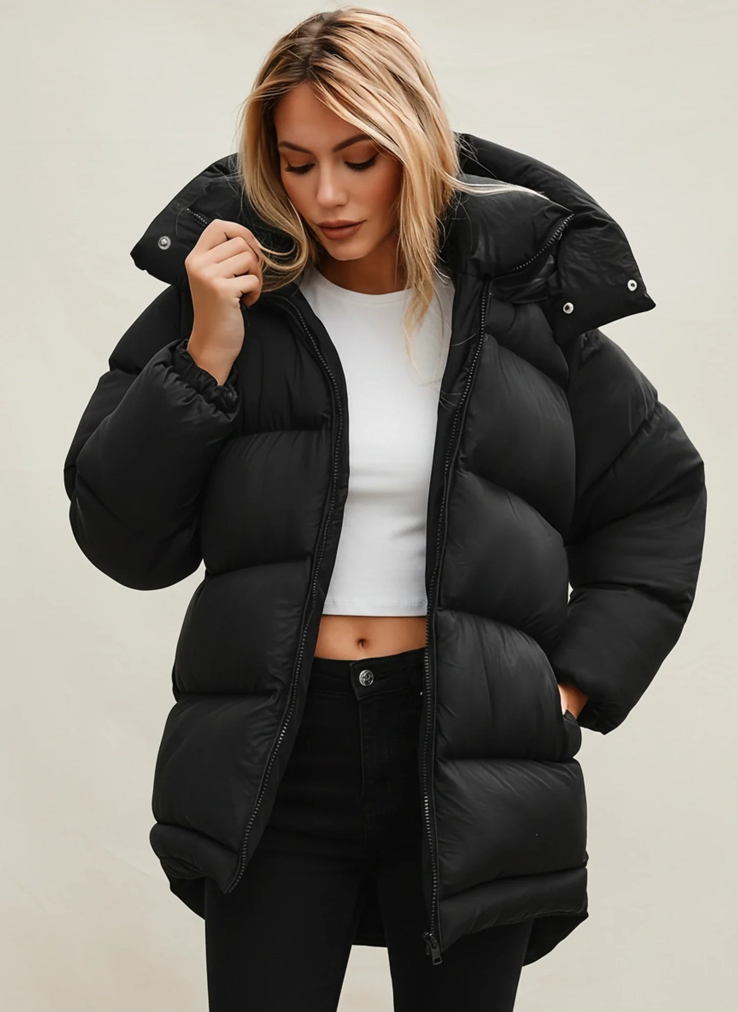 Roomy Winter Puffer Coat in Black - side view