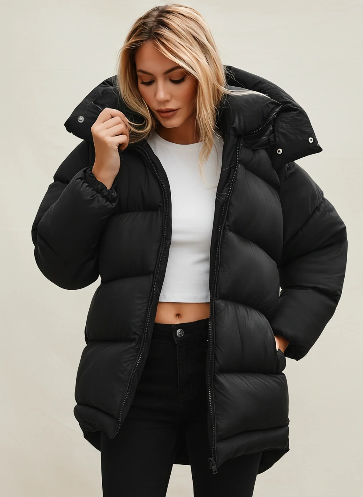 Roomy Winter Puffer Coat in Black - side view