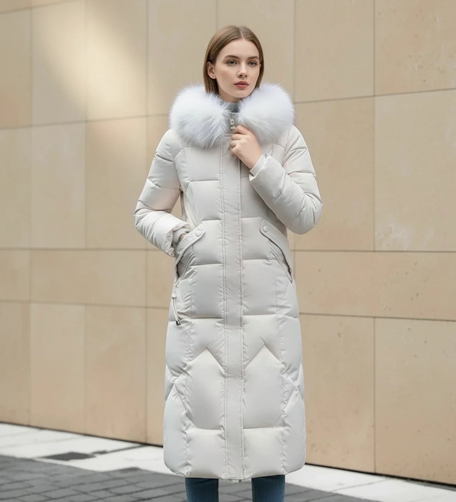 Quilted Hooded Jacket in White - front view