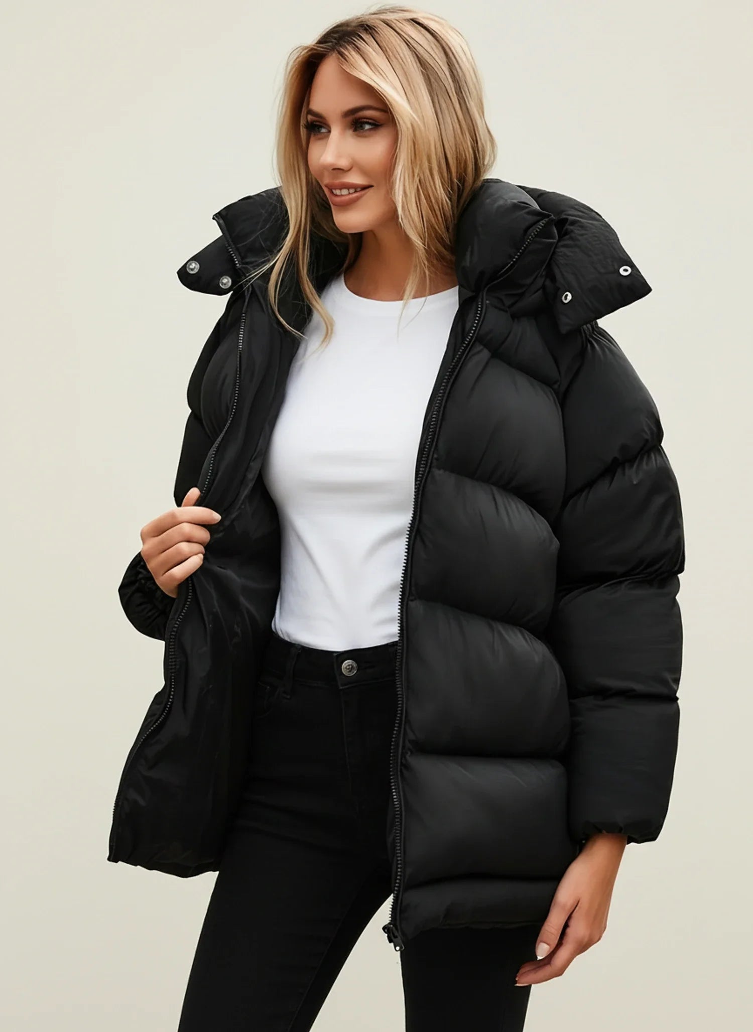 Roomy Winter Puffer Coat in Black - front view