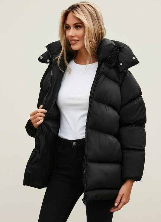 Roomy Winter Puffer Coat in Black - front view