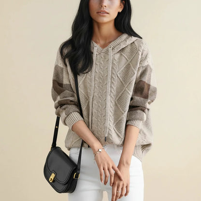 Winter Cable Knit Sweater with Hood in Brown - detail view