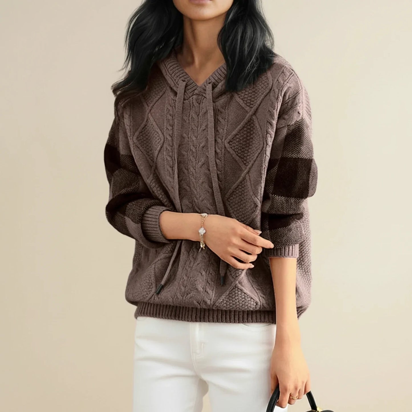 Winter Cable Knit Sweater with Hood in Brown - side view