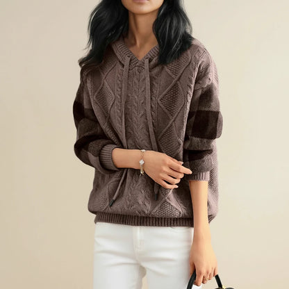 Winter Cable Knit Sweater with Hood in Brown - side view