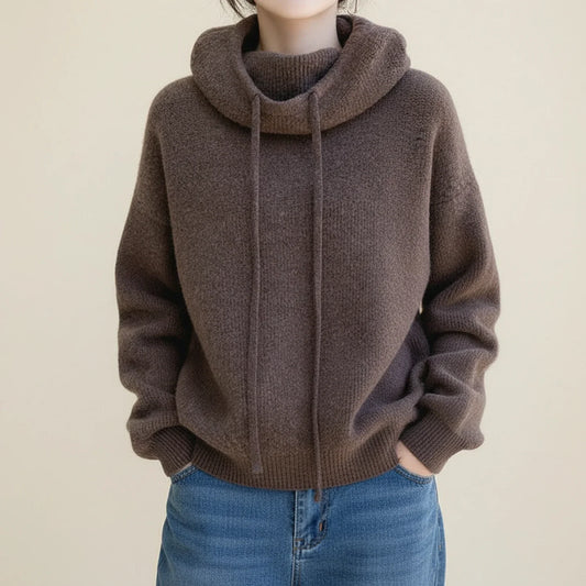 Cozy Winter Sweater with Hood for in Brown - front view