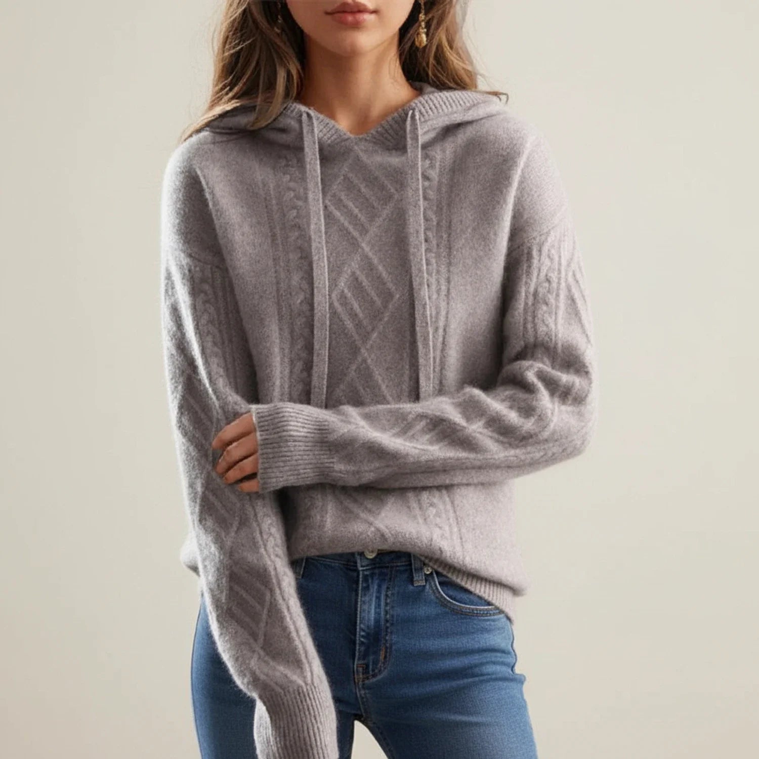 Luvrefashion | Comfortable Hooded Cable Knit Pullover in Brown - side view