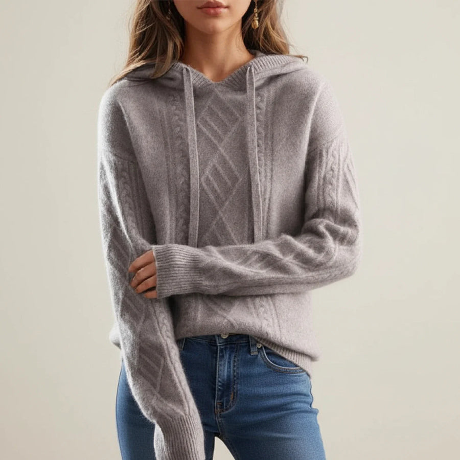 Luvrefashion | Comfortable Hooded Cable Knit Pullover in Brown - side view