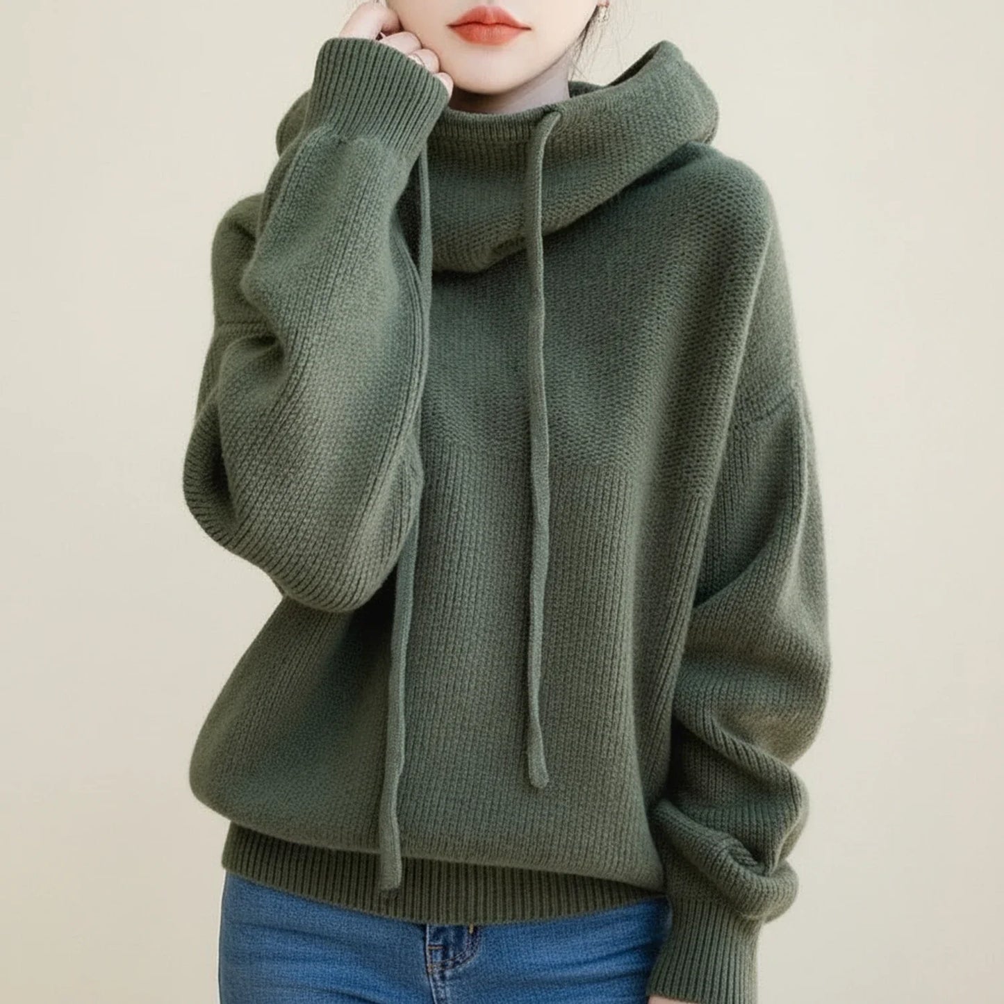 Cozy Winter Sweater with Hood for in Brown - side view