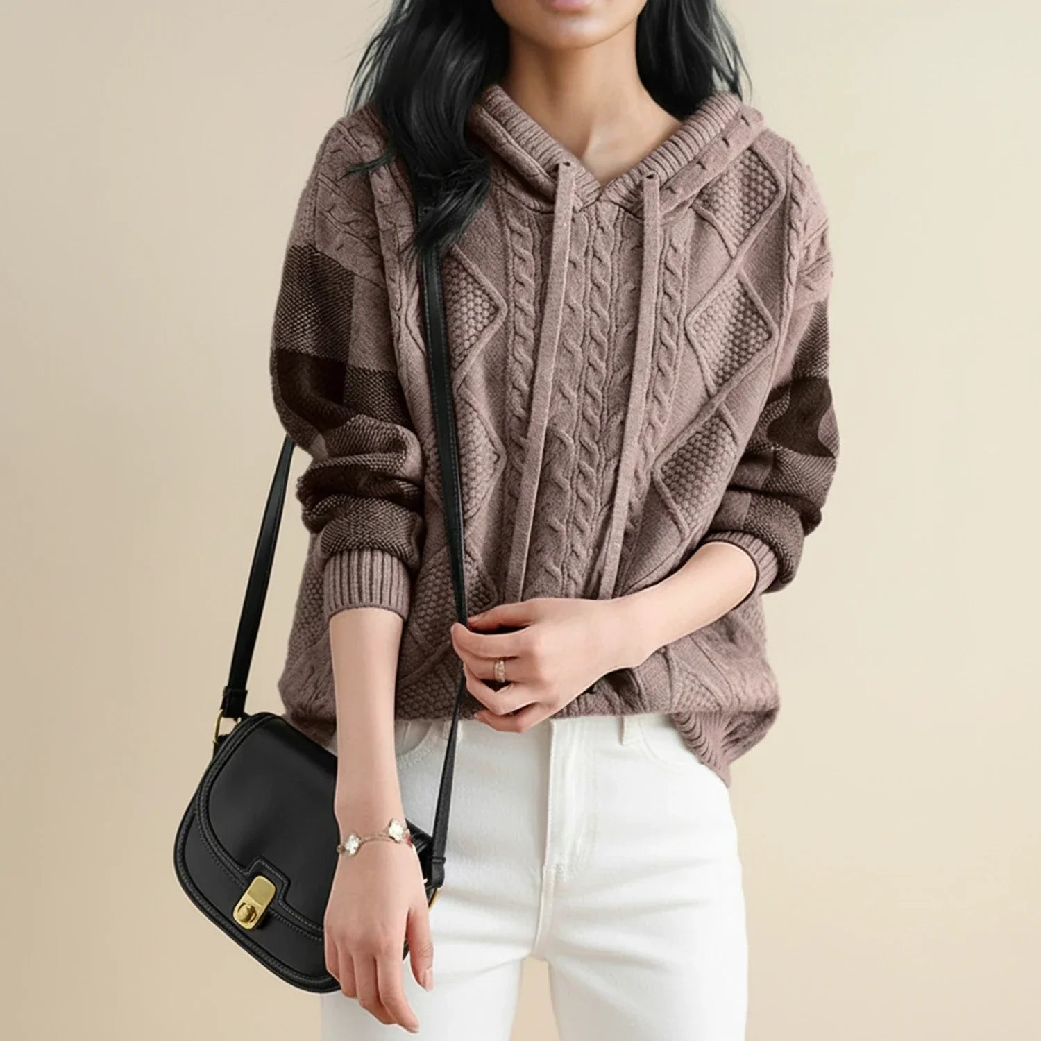 Winter Cable Knit Sweater with Hood in Brown - back view