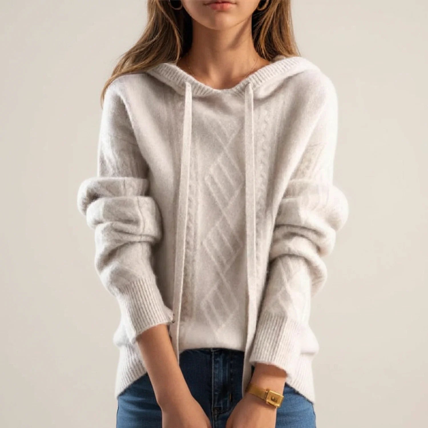 Luvrefashion | Comfortable Hooded Cable Knit Pullover in Brown - back view