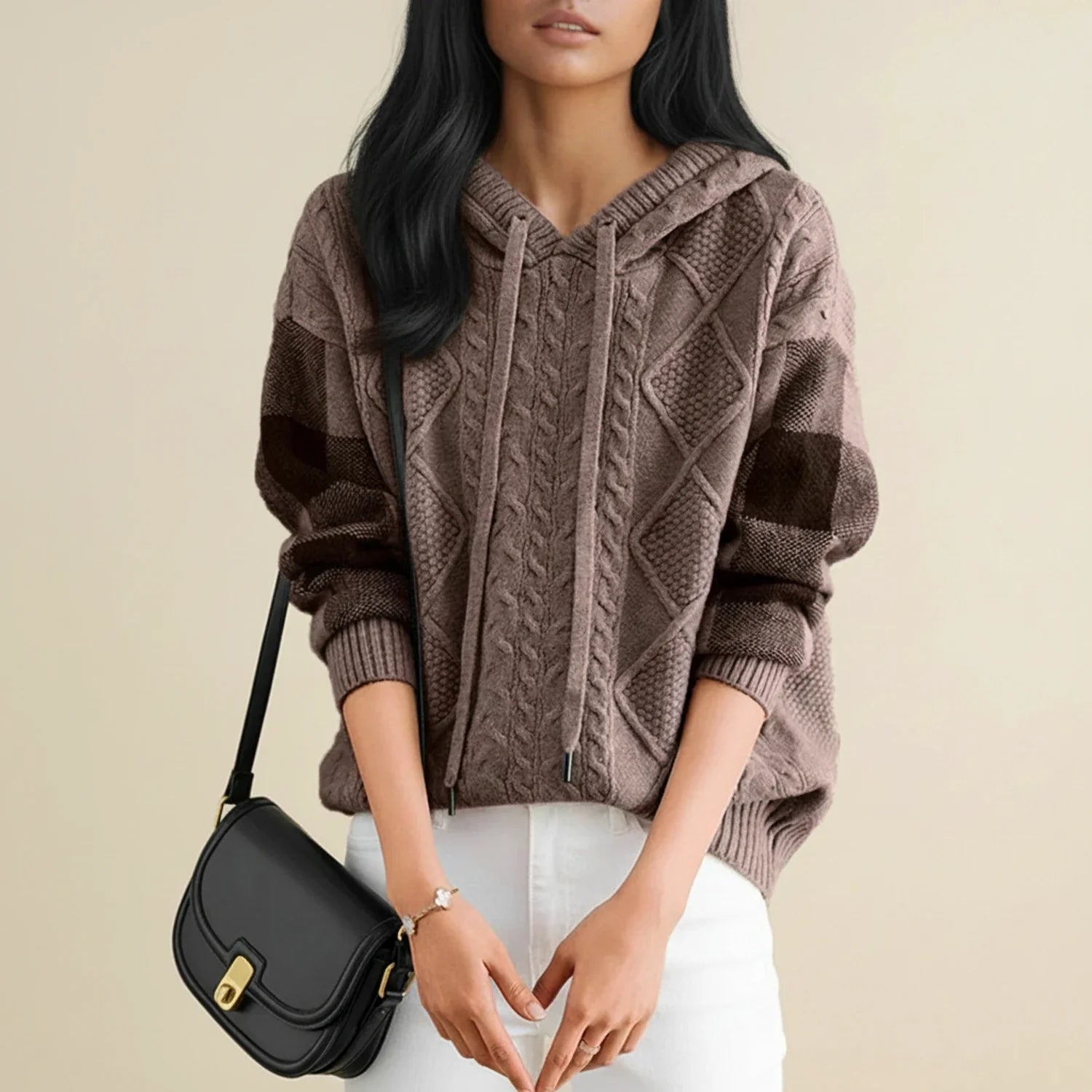 Winter Cable Knit Sweater with Hood in Brown - front view