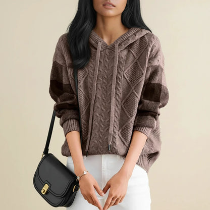 Winter Cable Knit Sweater with Hood in Brown - front view