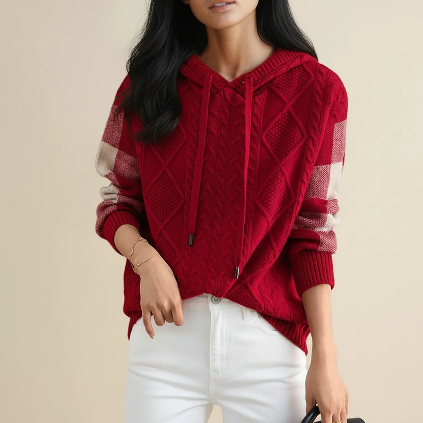 Winter Cable Knit Sweater with Hood in Brown - image 6