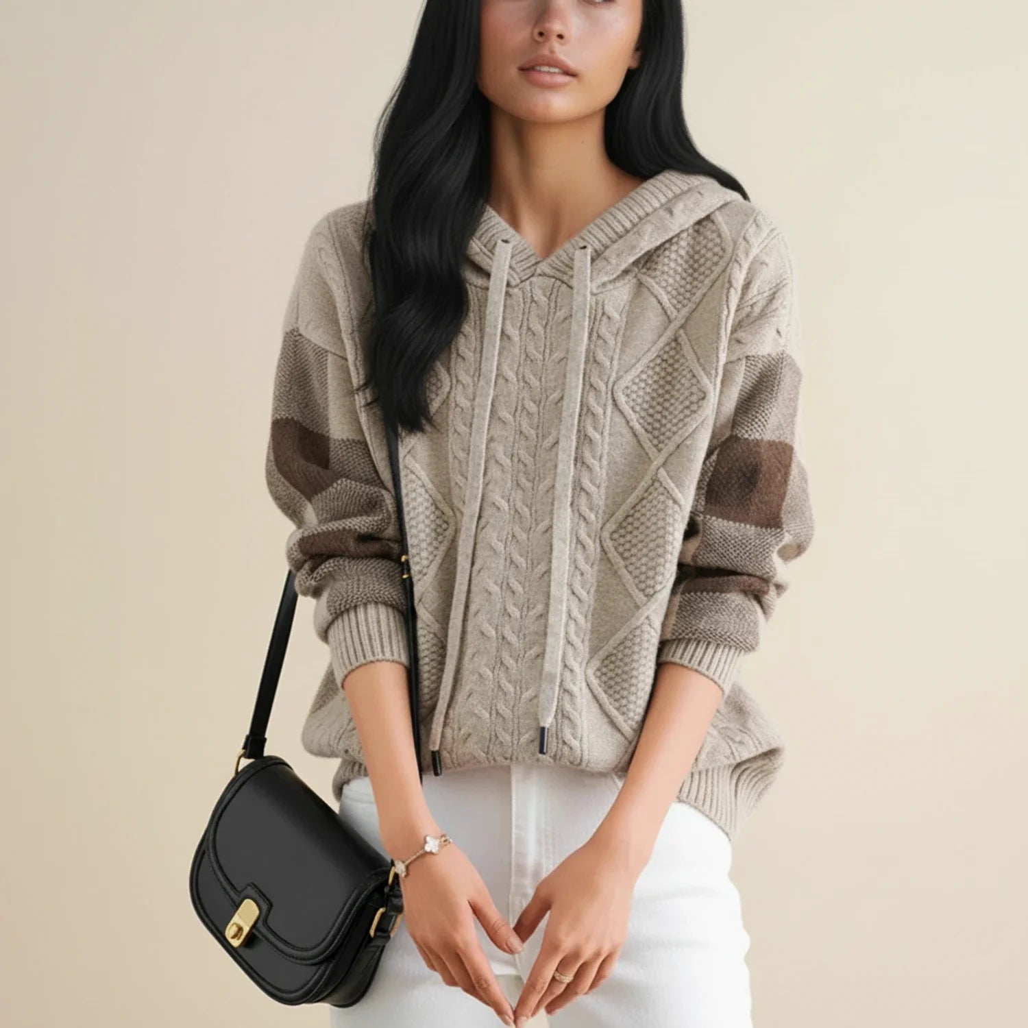Winter Cable Knit Sweater with Hood in Brown - styled look