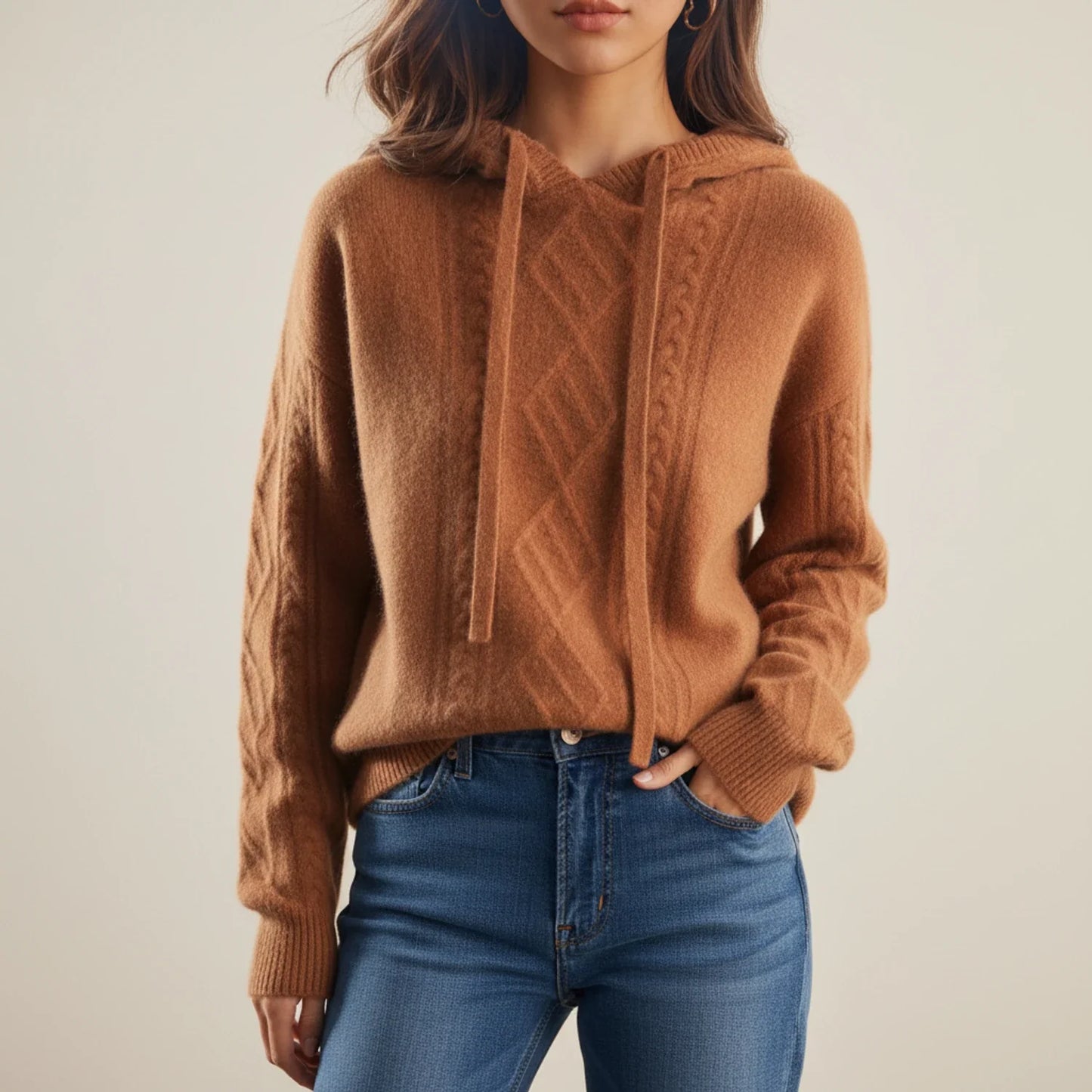 Luvrefashion | Comfortable Hooded Cable Knit Pullover in Brown - front view