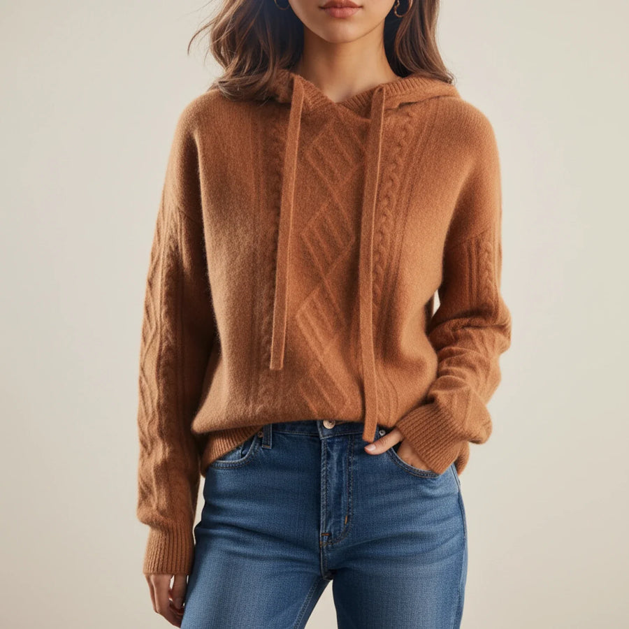Luvrefashion | Comfortable Hooded Cable Knit Pullover in Brown - front view