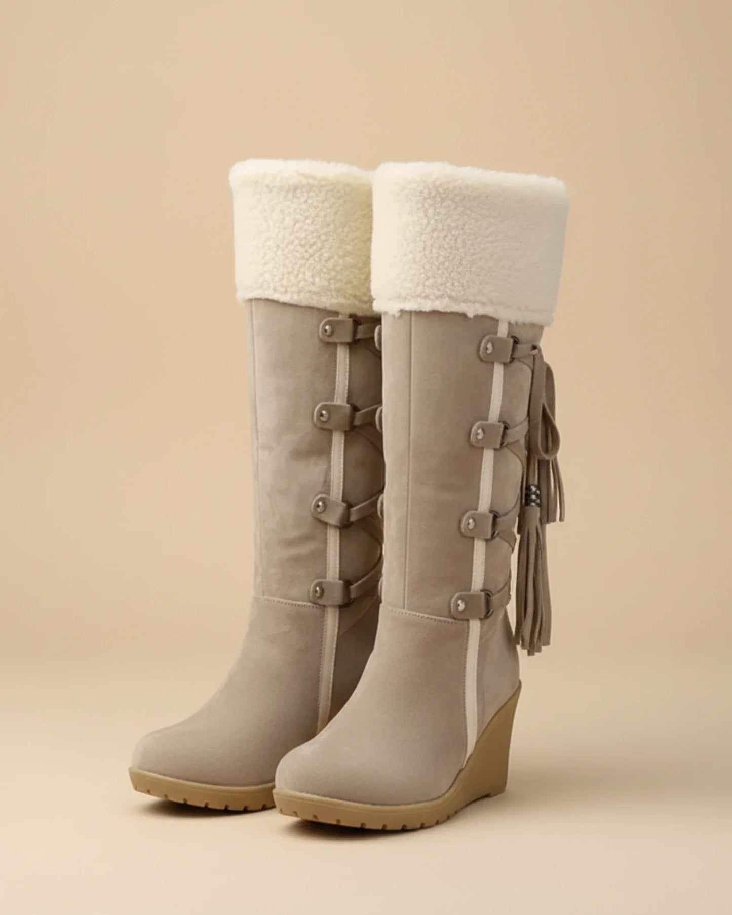Luvrefashion | Ladies' Winter Wedge Knee High Boots in Beige - front view