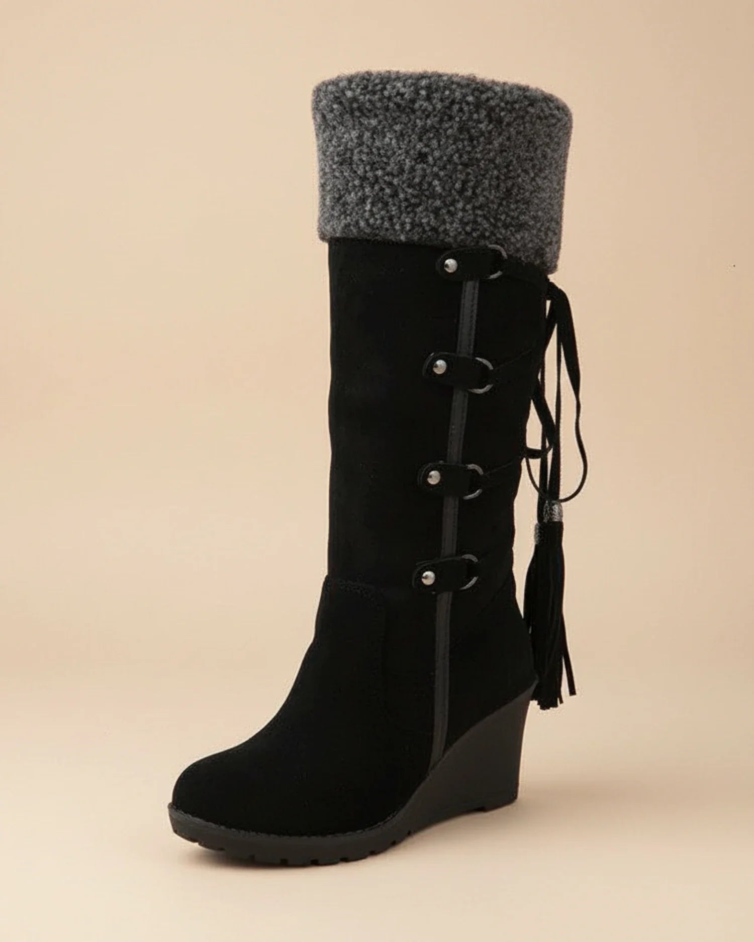 Luvrefashion | Ladies' Winter Wedge Knee High Boots in Beige - back view
