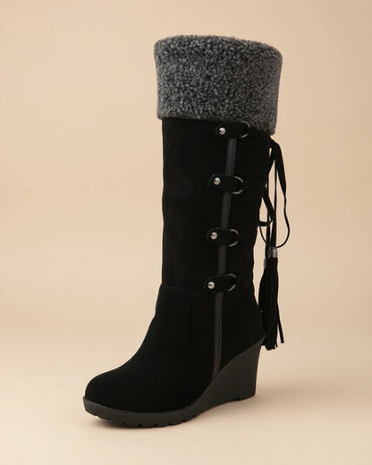 Luvrefashion | Ladies' Winter Wedge Knee High Boots in Beige - back view