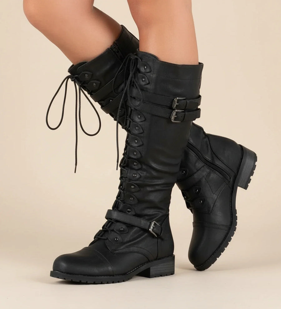 Luvrefashion | Lace Up Knee High Combat Boots with Buckle in Black - side view