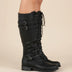 Women's Lace-Up Knee-High Combat Boots with Buckle - Black