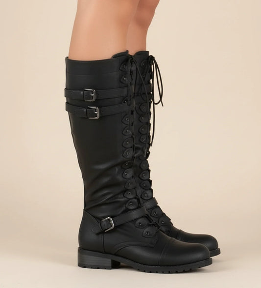 Lace Up Knee High Combat Boots with Buckle in Black - front view