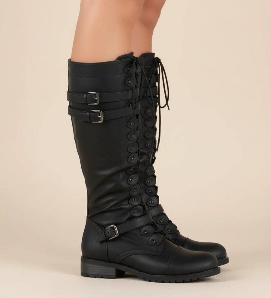 Luvrefashion | Lace Up Knee High Combat Boots with Buckle in Black - front view