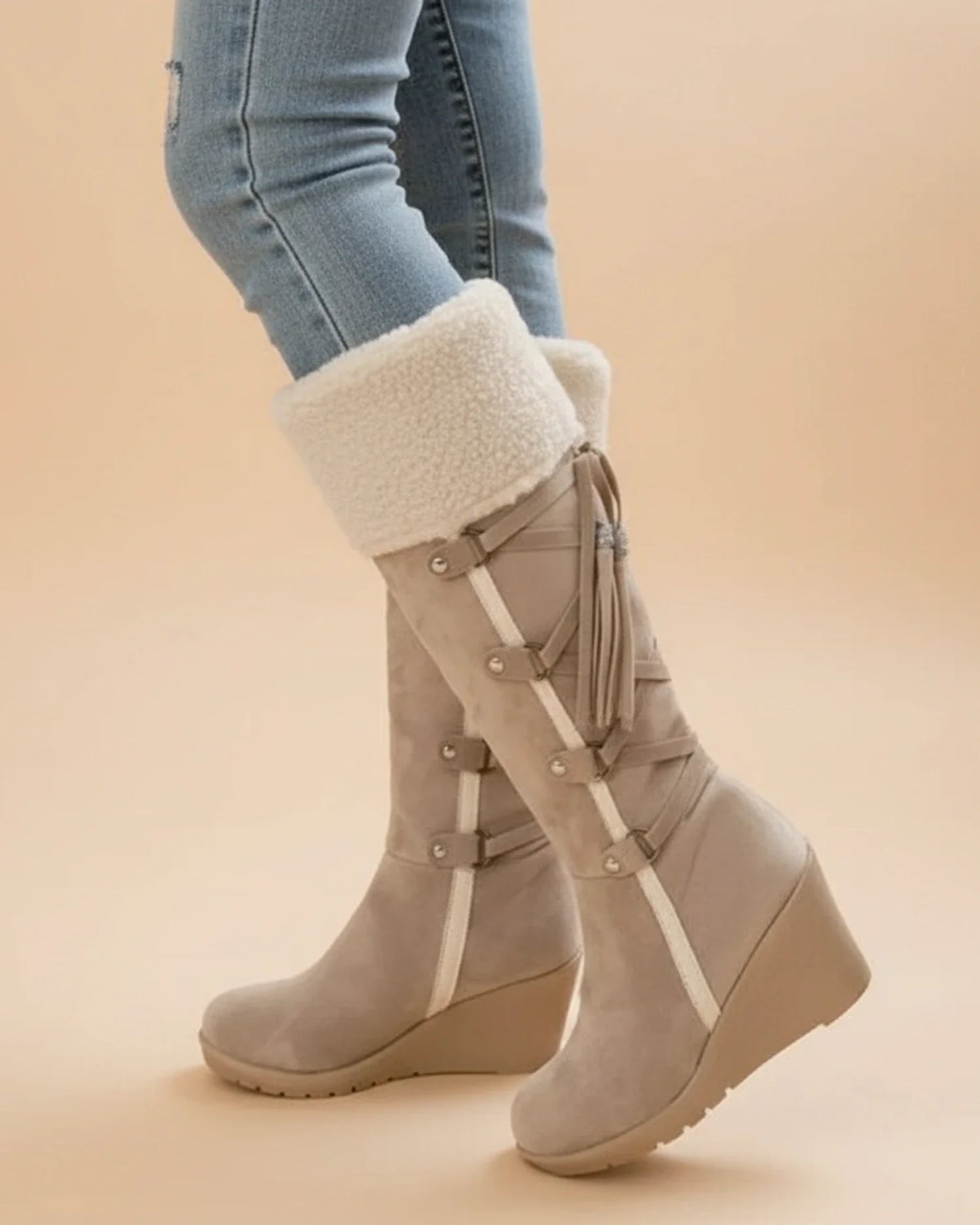 Luvrefashion | Ladies' Winter Wedge Knee High Boots in Beige - side view