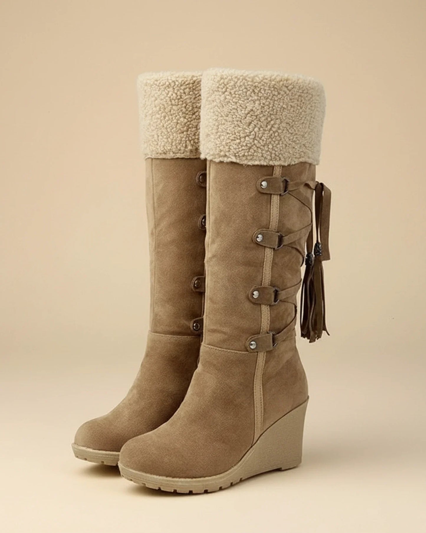 Luvrefashion | Ladies' Winter Wedge Knee High Boots in Beige - detail view