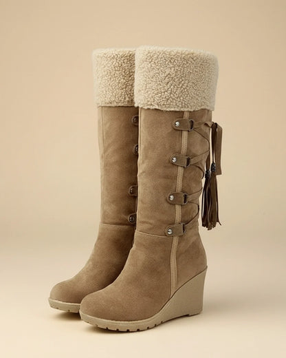 Luvrefashion | Ladies' Winter Wedge Knee High Boots in Beige - detail view