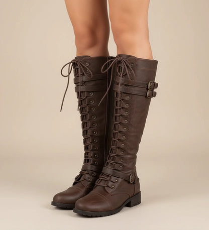 Lace Up Knee High Combat Boots with Buckle in Black - detail view