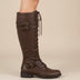 Women's Lace-Up Knee-High Combat Boots with Buckle - Brown