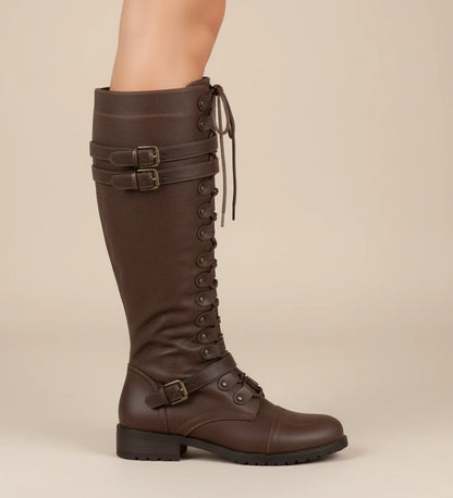 Lace Up Knee High Combat Boots with Buckle in Black - back view