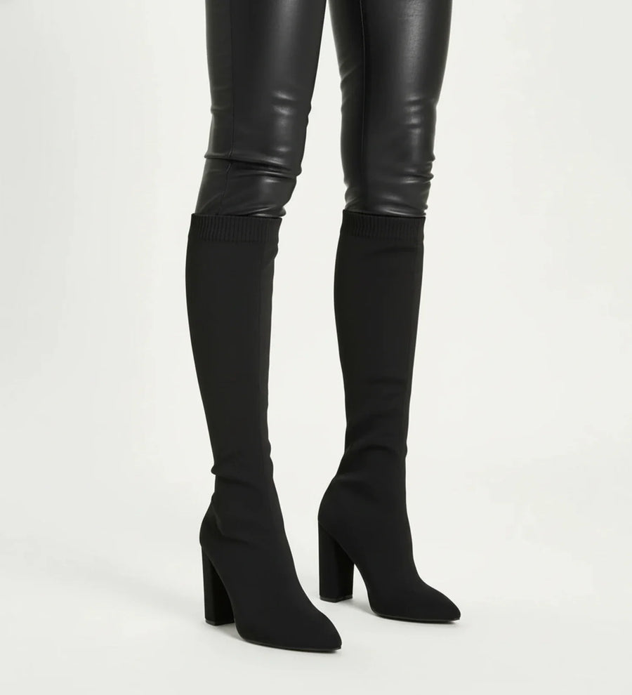 Luvrefashion | High Heel Knit Knee Boots in Red - styled look