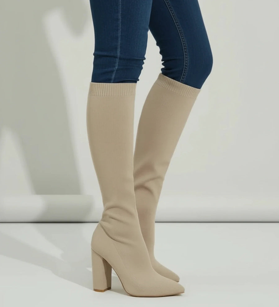 Luvrefashion | High Heel Knit Knee Boots in Red - image 6