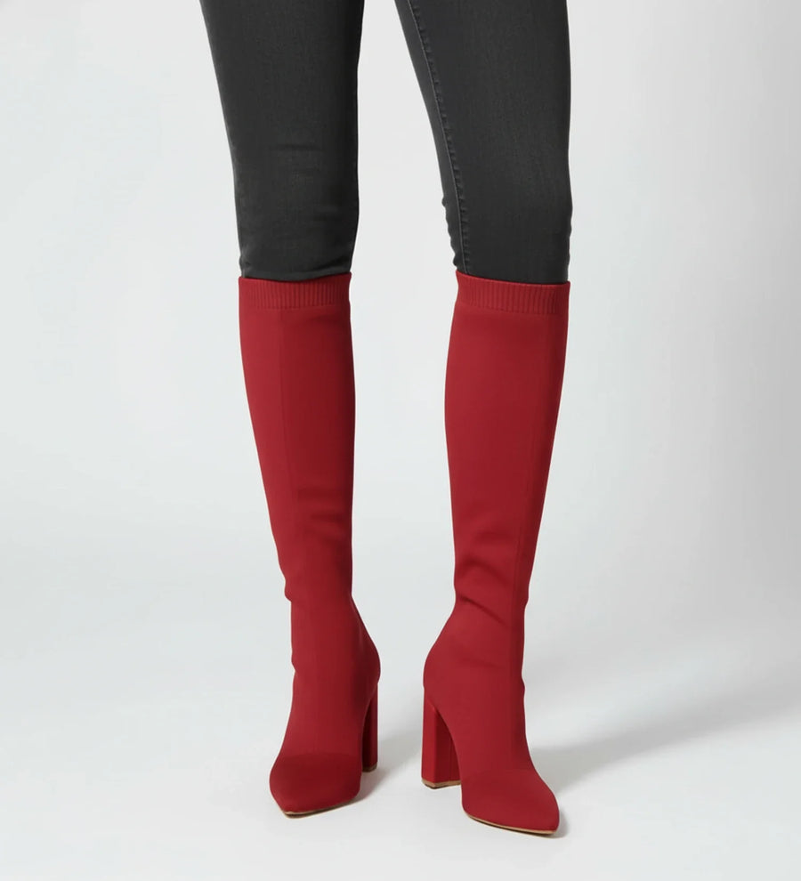 Luvrefashion | High Heel Knit Knee Boots in Red - back view