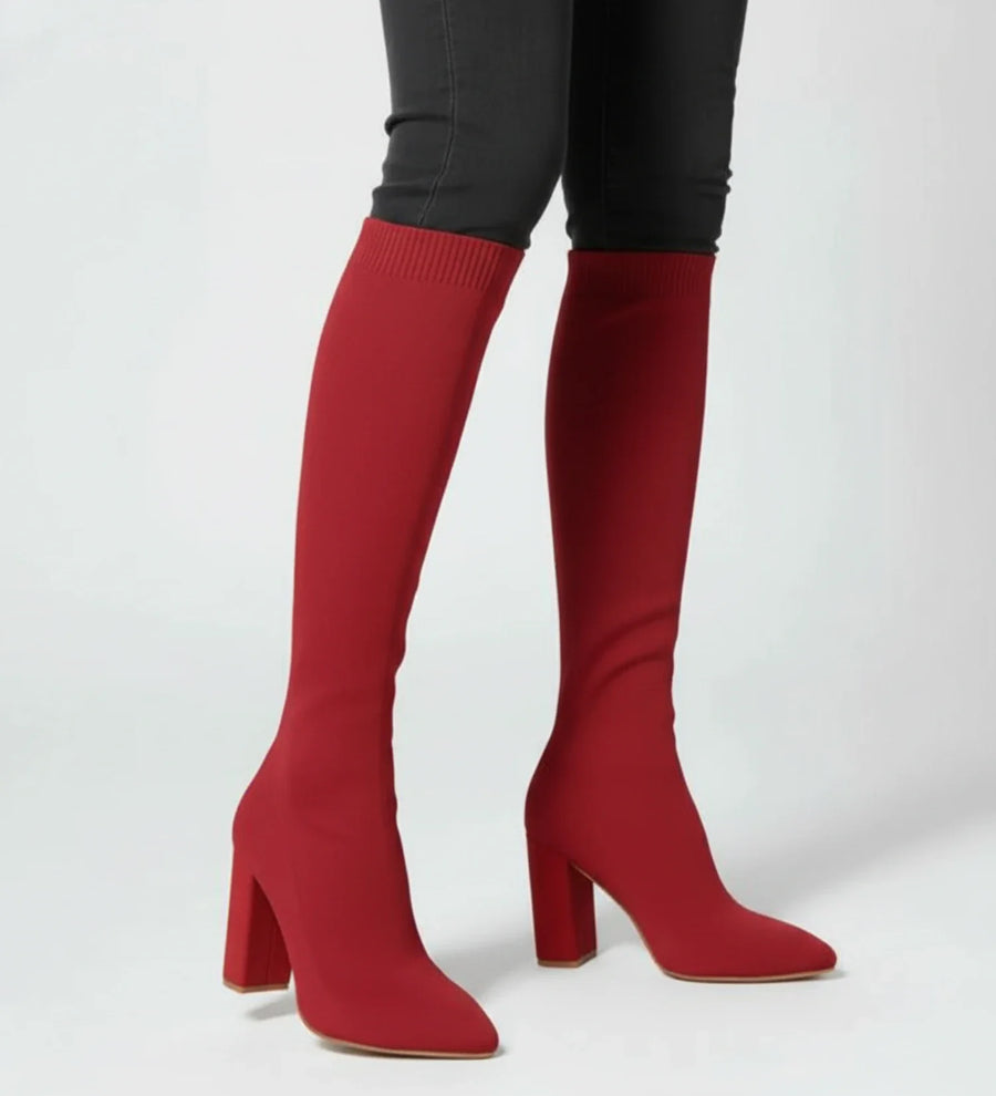 Luvrefashion | High Heel Knit Knee Boots in Red - side view