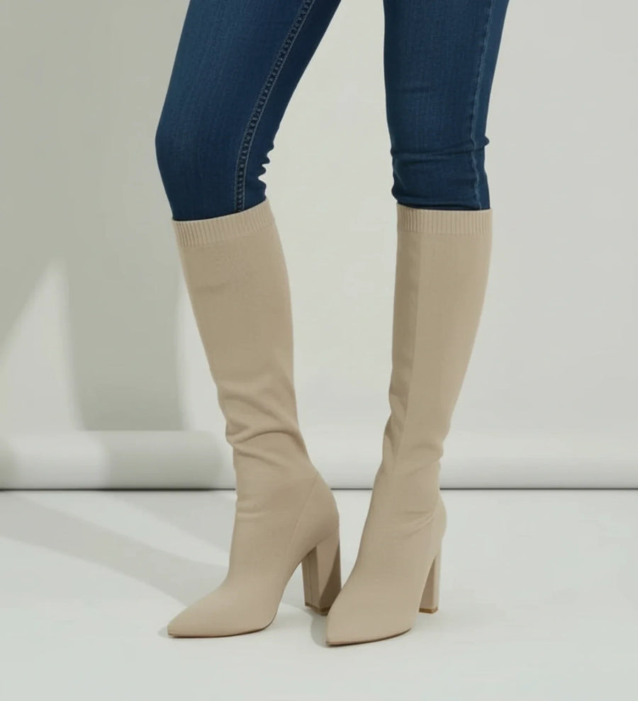 Luvrefashion | High Heel Knit Knee Boots in Red - image 7