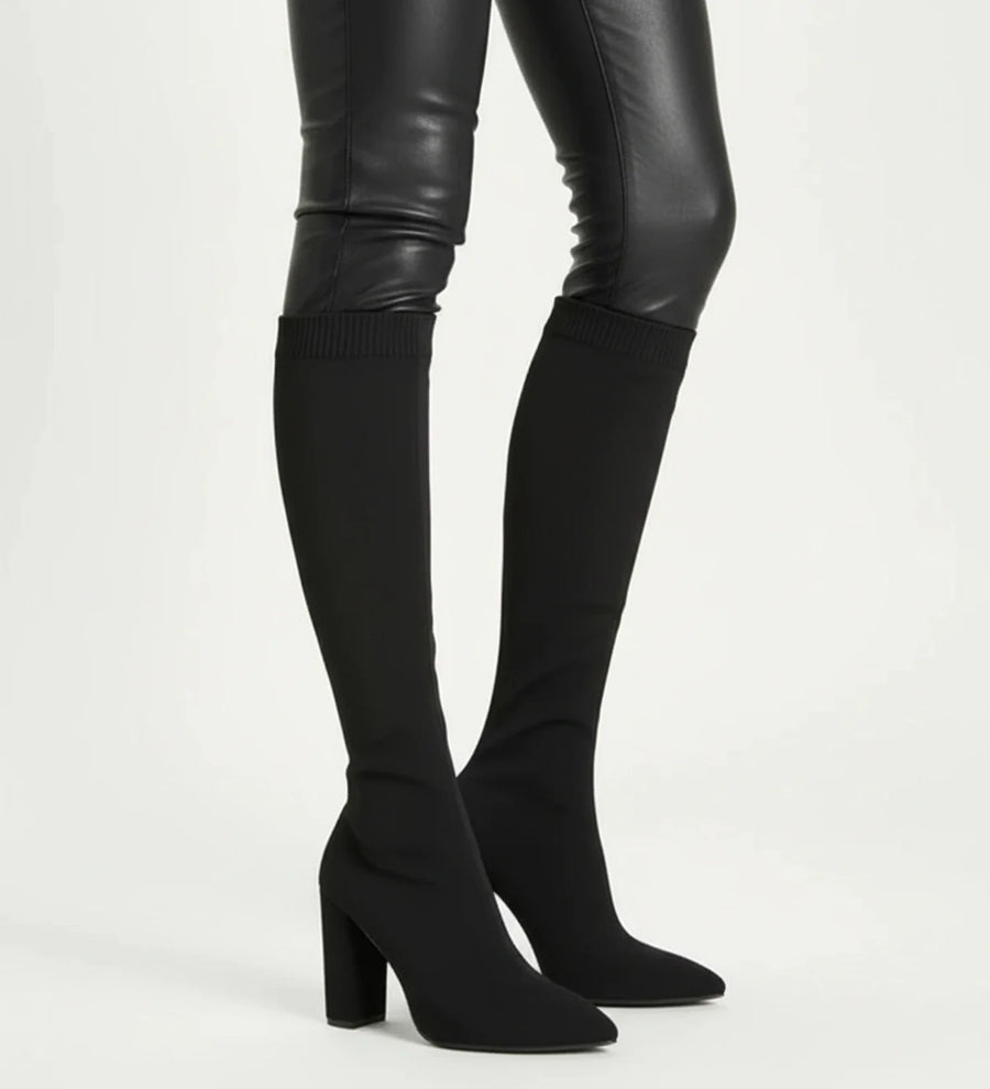 Luvrefashion | High Heel Knit Knee Boots in Red - detail view