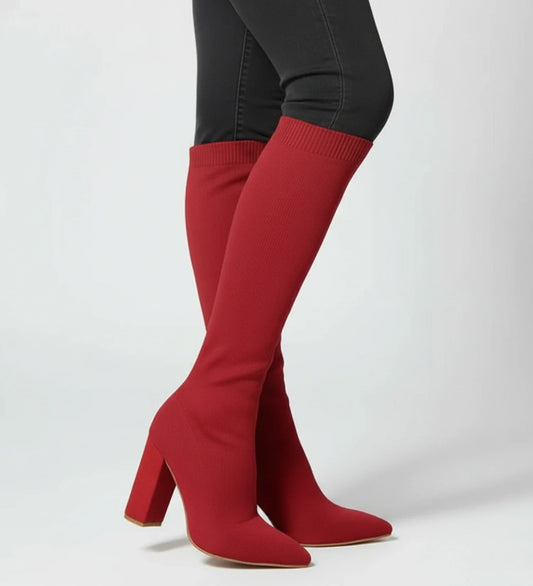 High Heel Knit Knee Boots in Red - front view