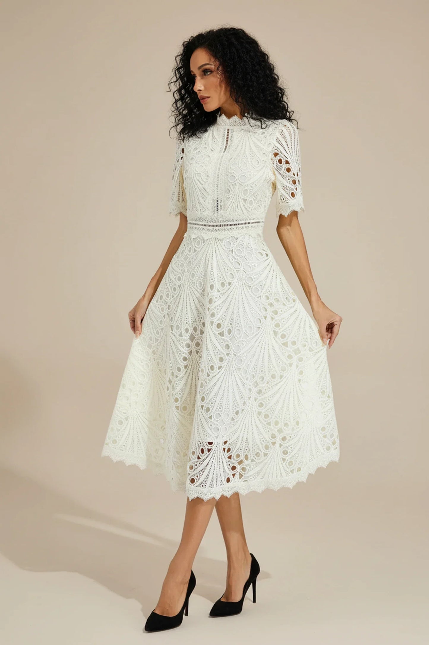 Luvrefashion | Ladies' Lace Midi A Line Dress in White - front view
