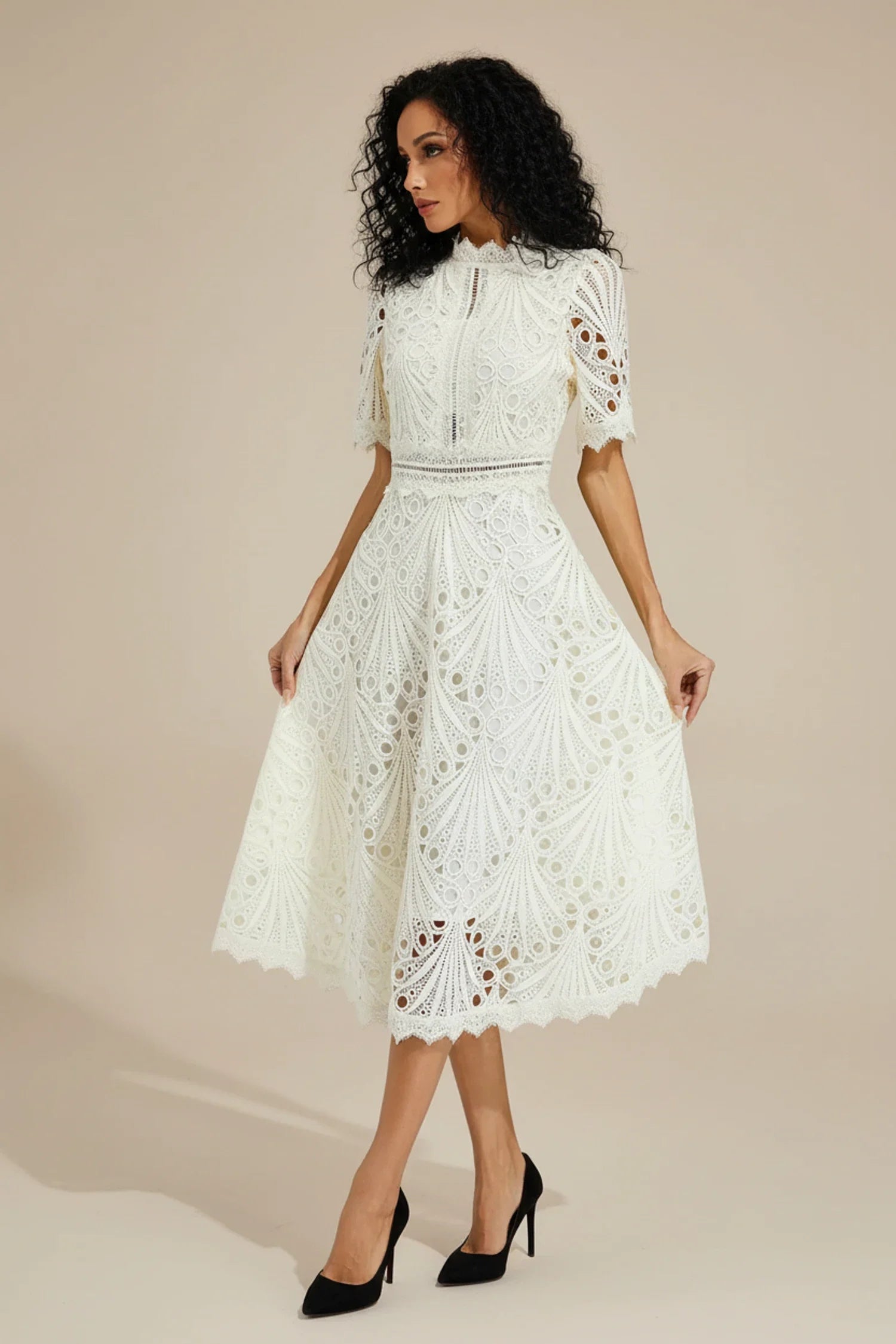 Luvrefashion | Ladies' Lace Midi A Line Dress in White - front view