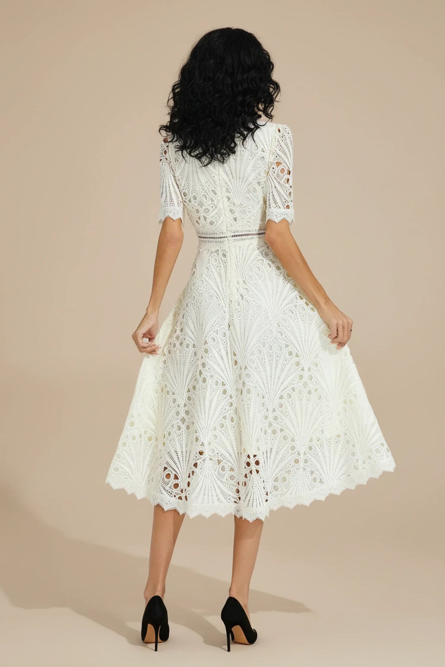 Luvrefashion | Ladies' Lace Midi A Line Dress in White - side view