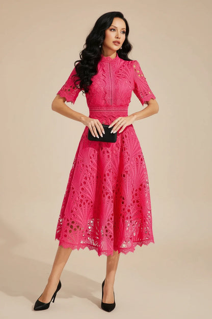 Luvrefashion | Ladies' Lace Midi A Line Dress in White - back view