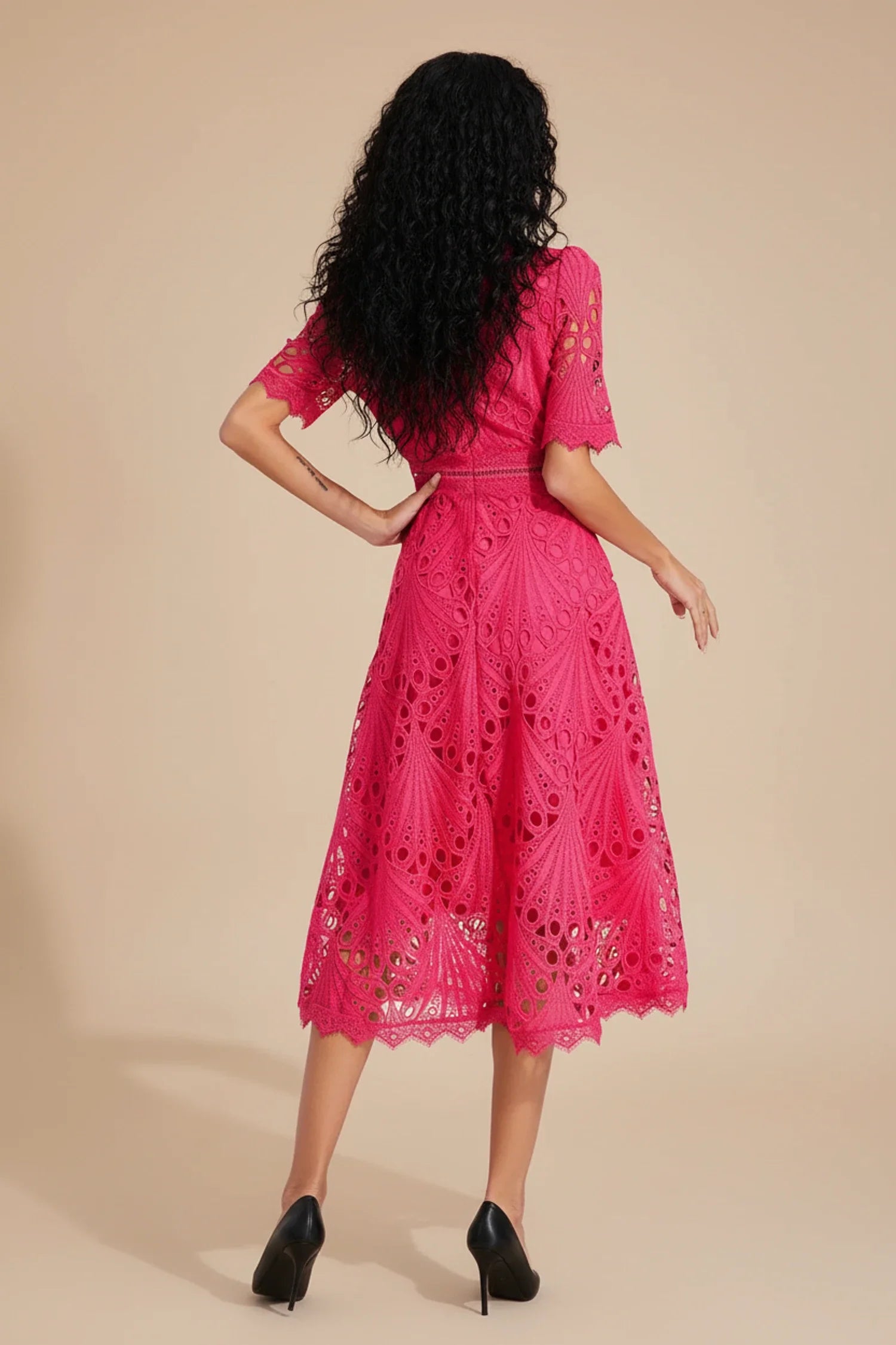 Luvrefashion | Ladies' Lace Midi A Line Dress in White - detail view