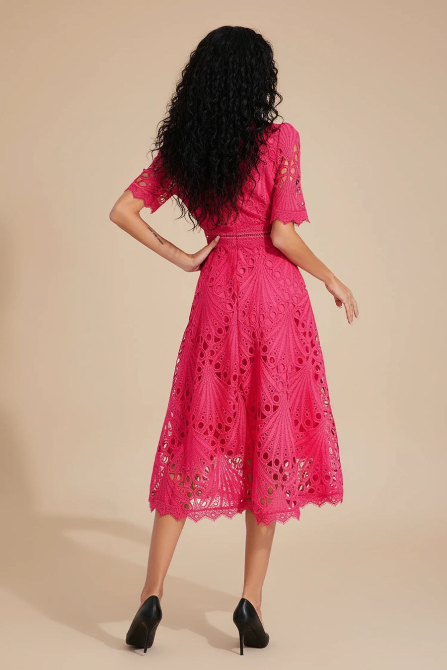 Luvrefashion | Ladies' Lace Midi A Line Dress in White - detail view