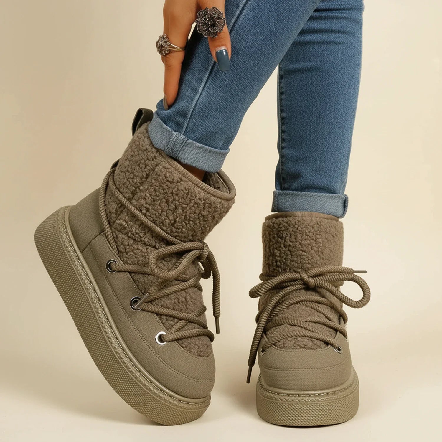 Luvrefashion | Ladies' Winter Ankle Boots with Lace Up Design in Brown - detail view