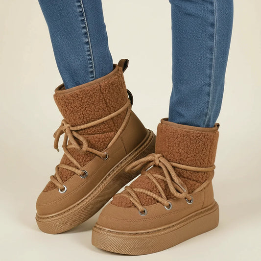 Luvrefashion | Ladies' Winter Ankle Boots with Lace Up Design in Brown - front view